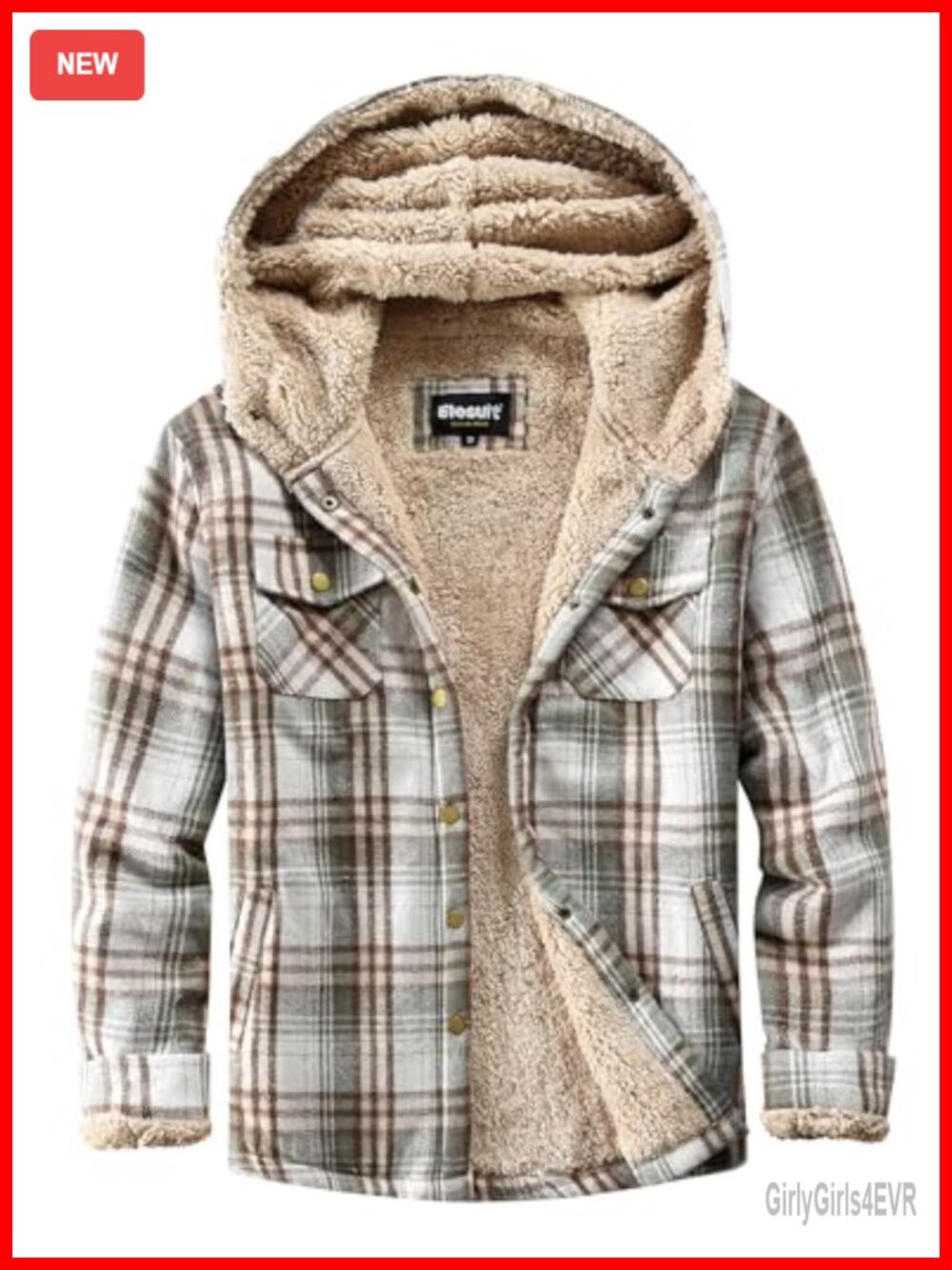 Fleece Flannel Jacket Plaid Sherpa Button Down Hooded Casual Coat